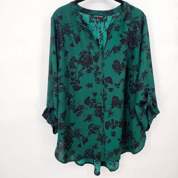 41 Hawthorn Green Black Floral Flowy Whimsigoth 3/4 Sleeve Boho Blouse Top 1X - Picture 1 of 10